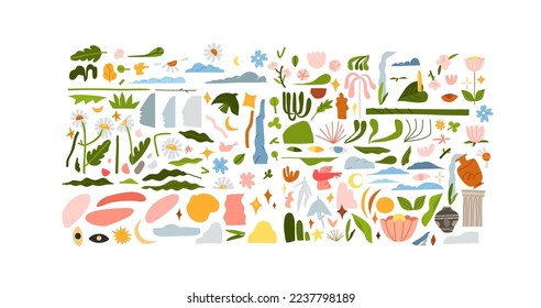 Hand drawn vector abstract clipart illustrations collection set of composition with abstract doodle nature shapes of blossom flowers and tropical leaves elements.Modern nature design concept art.