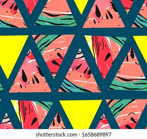 Hand drawn vector abstract collage seamless pattern with watermelon motif and triangle hipster shapes isolated on color background