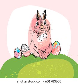 Hand drawn vector abstract collage funny poster with realistic rabbit and Easter eggs on green grass in pastel colors.