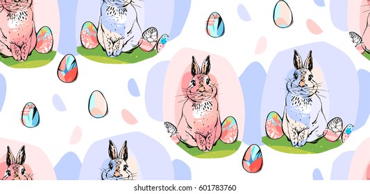 Hand drawn vector abstract collage drawing cute seamless pattern with realistic rabbits and Easter eggs in pastel colors