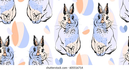 Hand drawn vector abstract collage cute seamless pattern with realistic rabbits in pastel colors.