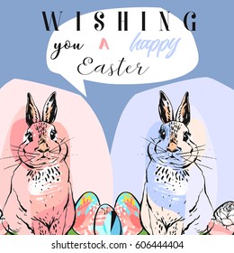 Hand drawn vector abstract collage funny poster with realistic rabbits,Easter eggs and Happy Easter quotes in pastel colors.Easter bunnies background.