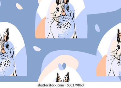 Hand drawn vector abstract collage drawing cute seamless pattern with realistic rabbits in pastel colors.Easter background.