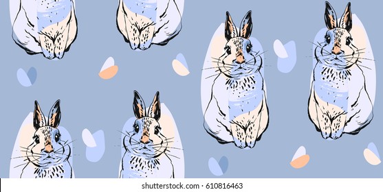 Hand drawn vector abstract collage drawing cute seamless pattern with realistic rabbits in pastel colors.Easter bunnies background.Cute trendy rabbit illustration.Easter greetings.Wrapping paper.