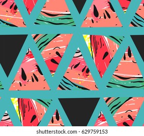 Hand drawn vector abstract collage seamless pattern with watermelon motif and triangle hipster shapes isolated on color background.Unusual decoration for wedding,birthday,fashion fabric,save the date