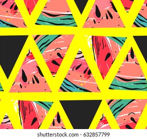 Hand drawn vector abstract collage seamless pattern with watermelon motif and triangle hipster shapes isolated on color background.Unusual decoration for wedding,birthday,fashion fabric,save the date