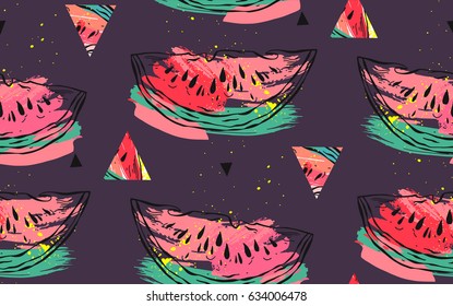 Hand drawn vector abstract collage seamless pattern with watermelon motif and triangle hipster shapes isolated on color background. Unusual decoration for summer time wedding, birthday, save the date.
