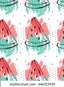 Hand drawn vector abstract collage seamless pattern with watermelon fruit isolated on white background.Unusual decoration for summer time wedding,birthday,save the date,journaling,fashion fabric