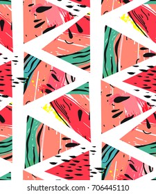 Hand drawn vector abstract collage seamless pattern with watermelon motif and triangle hipster shapes isolated on white background.