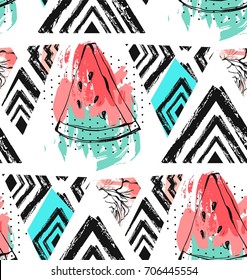 Hand Drawn Vector Abstract Collage Seamless Pattern With Watermelon Fruit Isolated On White Background.