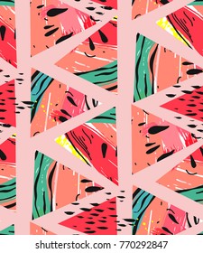 Hand drawn vector abstract collage seamless pattern with watermelon motif and triangle hipster shapes isolated on pink pastel background.