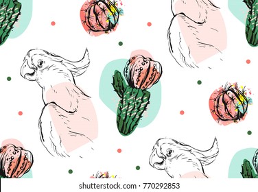 Hand drawn vector abstract collage seamless pattern with tropical parrot and succulent cactus flower in pastel colors isolated on white background.