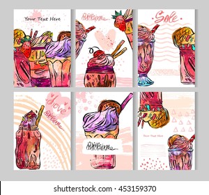 Hand drawn vector abstract color illustration card set of milkshakes in glass,chocolate,cherry,vanilla milk shake dessert,fruit smoothie,protein shake.Design for kids menu,milk shake cafe,candy shop.