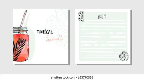 Hand Drawn Vector Abstract Cooking Cards Recipe Collection Set Template With Detox Water Drink Glass Jar,lemons And Tropical Palm Leaves Isolated On White Background.