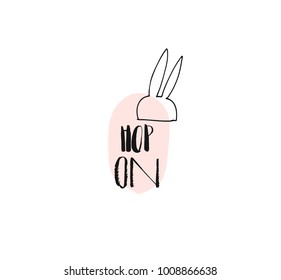 Hand drawn vector abstract creative universal Easter illustration design with white rabbit and hop on quote in pastel colors isolated on white background.Spring unusual graphic decoration.