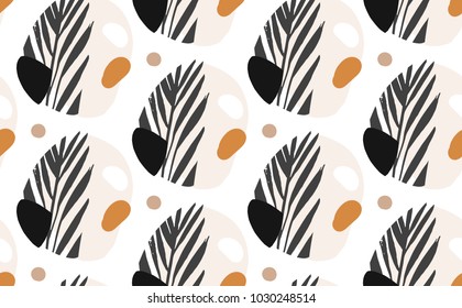 Hand drawn vector abstract creative graphic illustrations seamless collage pattern with tropical exotic palm leaves mottif isolated on white background.