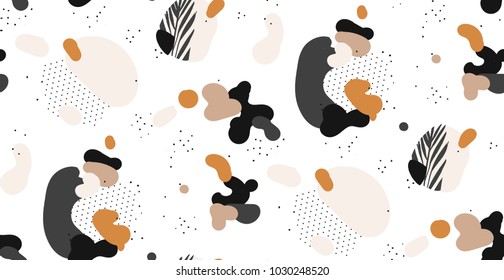 Hand drawn vector abstract creative graphic artistic illustrations seamless collage pattern with gepmetric shapes and tropical palm leaves in tribal mottif isolated on white background.