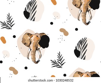 Hand drawn vector abstract creative graphic artistic illustrations seamless collage pattern with sketch elephant drawing and tropical palm leaves in tribal mottif isolated on white background.