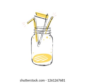 Hand drawn vector abstract creative sign stamp with handwritten modern natural lemonade glass jar isolated on white background.Menu,logo design,sticker,tag,decoration,label