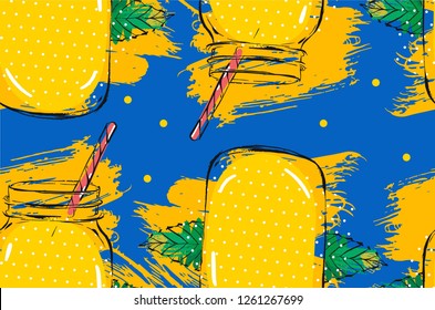 Hand drawn vector abstract creative detox water lemonade seamless pattern with glass jar,mint leaves and freehand textures isolated on deep blue background.Menu,wrapping,diet concept lemonade bottle