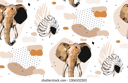 Hand drawn vector abstract creative graphic artistic illustrations seamless collage pattern with sketch elephant drawing and tropical palm leaves in tribal mottif isolated on white background