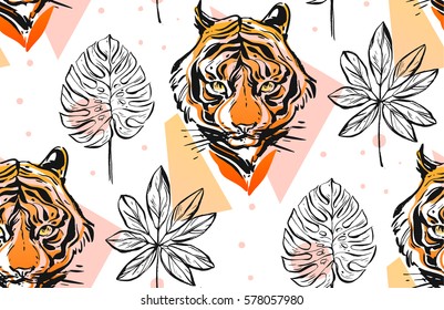 Hand drawn vector abstract creative seamless pattern with tiger face illustration and tropical exotic palm leaves in pastel colors isolated on white background.Design for fashion fabric,decoration