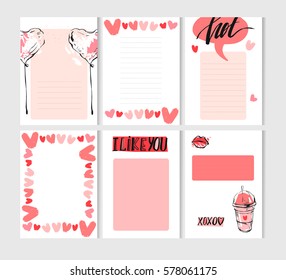 Hand drawn vector abstract creative Valentines day cards template set collection in pink pastel colors with graphic trendy fashion chic elements isolated on white background.Journaling,save the date