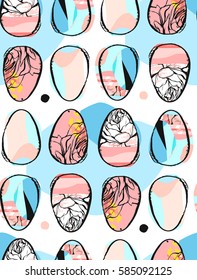 Hand drawn vector abstract creative universal Happy Easter seamless pattern design element with Easter eggs in pastel colors isolated on white background.Spring unusual graphic decoration.