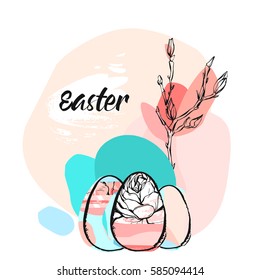 hand drawn vector abstract creative Easter greeting illustration with floral brunch and abstract brush painted eggs in pastel colors isolated on white background.Easter universal decoration cover.