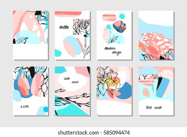 Hand drawn vector abstract creative universal unusual save the date cards template collection set with graphic peony flowers.Hand made textures.Wedding,anniversary,birthday,party invitations,flayer.