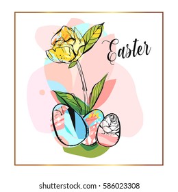 Hand drawn vector abstract creative Happy Easter greeting illustration with abstract brush painted textured eggs in pastel colors isolated on white background.Easter decoration spring background.