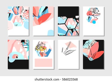 Hand drawn vector abstract creative spring unusual save the date cards template collection set with graphic flowers in pastel colors.Hand made textures.Wedding,anniversary,birthday,party invitations