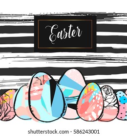 Hand drawn vector abstract creative Happy Easter greeting illustration with abstract brush painted textured eggs in pastel colors isolated on white background.Easter spring decoration background.