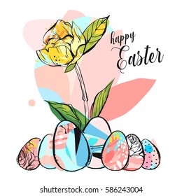 Hand drawn vector abstract creative Happy Easter greeting illustration with abstract brush painted textured eggs in pastel colors isolated on white background.Easter spring decoration background.