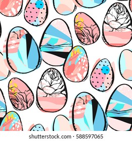 Hand drawn vector abstract creative universal Happy Easter seamless pattern design element with Easter eggs in pastel colors isolated on white background.Spring unusual graphic decoration.