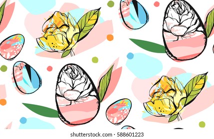 Hand drawn vector abstract creative universal Happy Easter seamless pattern design with Easter eggs and spring flowers in pastel colors isolated on white background.Spring unusual graphic decoration.