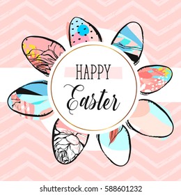 Hand drawn vector abstract creative Happy Easter greeting card design template with painted Easter eggs frame and Happy Easter quote isolated on pastel color trendy zig zag chevron background