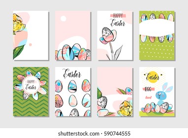 Hand drawn vector abstract creative Happy Easter greeting card design collection set template with flowers,Easter eggs and bunny in pastel colors isolated on white background.Spring Easter backgrounds