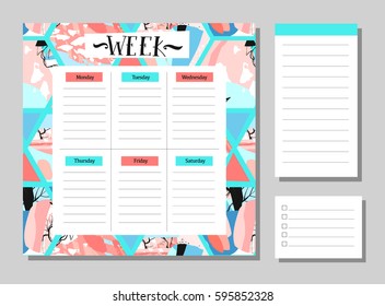 Hand drawn vector abstract creative unusual universal week planner with notes pages collection set in floral motif in pastel colors.Cute drawing page for notes.Notebooks,diary,Organizer and Schedule