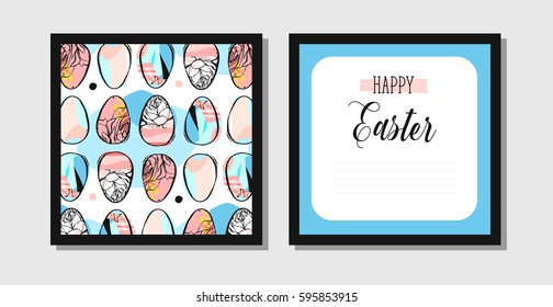 Hand drawn vector abstract creative Easter greeting postcard design template with painted Easter eggs and spring flowers isolated on white background.Design for flayer,invitation,journaling,decoration