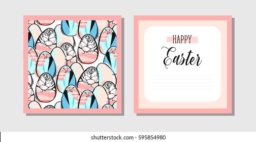 Hand drawn vector abstract creative Easter greeting postcard design template with painted Easter eggs and spring flowers isolated on white background.Design for flayer,invitation,journaling,decoration