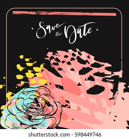 Hand drawn vector abstract creative unusual universal save the date card template with graphic flowers and succulents in pastel colors.Hand made textures.Wedding,anniversary,birthday,party invitations