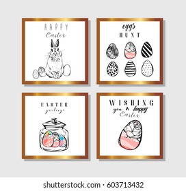 Hand drawn vector abstract creative Easter greeting postcard collection set template with painted Easter eggs, Easter bunny and golden frames isolated on white background.