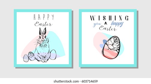 Hand drawn vector abstract creative Easter greeting card design template with painted Easter eggs and  bunny isolated on white background.Design for flayer,invitation,journaling,decoration