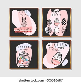 Hand drawn vector abstract creative Easter greeting cards collection set template with painted Easter eggs and Easter bunny isolated on black background.