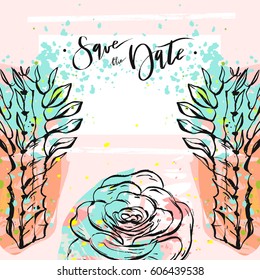 Hand drawn vector abstract creative unusual universal save the date card template with graphic flowers and succulents in pastel colors.Hand made textures.Wedding,anniversary,birthday,party invitations