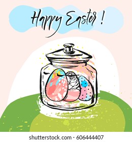 Hand drawn vector abstract creative Happy Easter greeting card design template with glass jar and Easter eggs on spring landscape background.