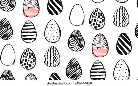 Hand drawn vector abstract creative universal  Easter seamless pattern with Easter eggs in pastel colors isolated on white background.Spring unusual graphic decoration.