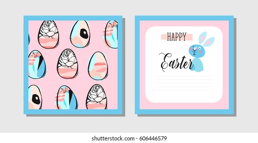 Hand drawn vector abstract creative Easter greeting postcard design template with  Easter eggs and Easter bunny isolated on white background.Design for flayer,invitation,journaling,decoration
