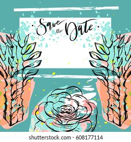 Hand drawn vector abstract creative unusual universal save the date card template with graphic flowers and succulents in pastel colors.Hand made textures.Wedding,anniversary,birthday,party invitations